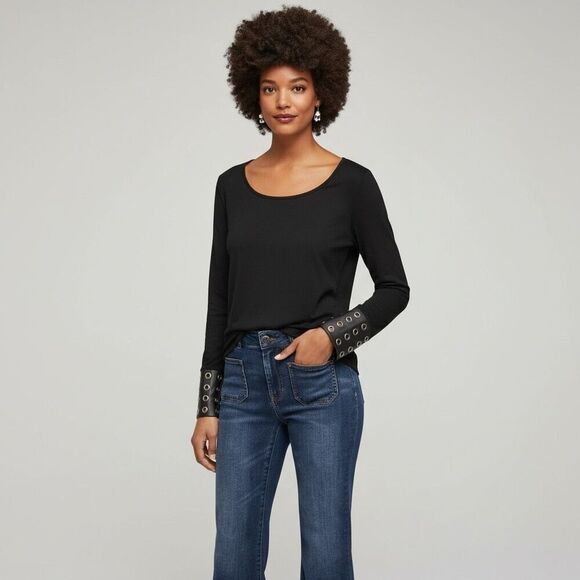 VENUS Tops - Venus Black Long Sleeve Top Medium Grommet Cuff Scoop Neck Stretch